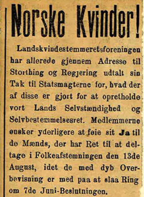 Foto av avisutklipp med opprop om å støtte kampen for kvinners stemmerett.