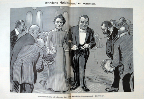 Anna Rogstad ledsages inn på Stortinget som en brud av Jens Bratlie. Karikatur, trolig av Eivind Nielsen, i vittighetsbladet Vikingen, 4. februar 1911.