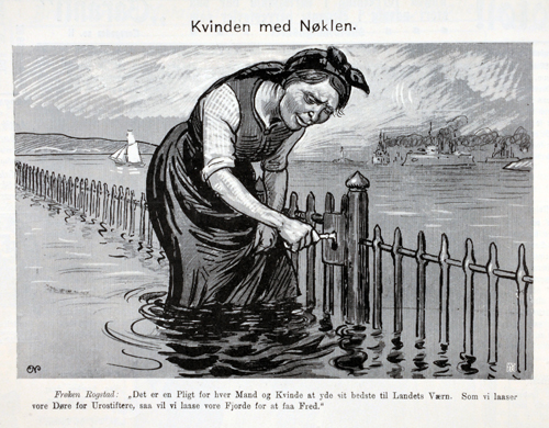 «Likesom vi laaser vore døre for urostiftere og fredsforstyrrere, saa vil vi lukke vore fjorder for at holde krigsspektaklet utenfor», sa Rogstad i en debatt om flåteplanen 5. juli 1912 (S.tid 2587-88). Tegning, trolig av Eivind Nielsen, i Vikingen 20. juli 1912.