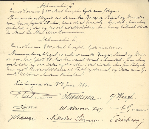 Det første grunnlovsforslaget om kvinners stemmerett i 1886var underskrevet av bl.a. Viggo Ullmann, Gina Krogh og Johan Castberg. Stortingsarkivet.