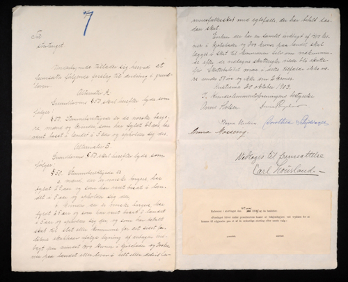 Foto av dokumentet der Kvindestemmeretsforeningen kommer med forslag til endringer i Grunnloven § 50 datert 30. oktober 1903.