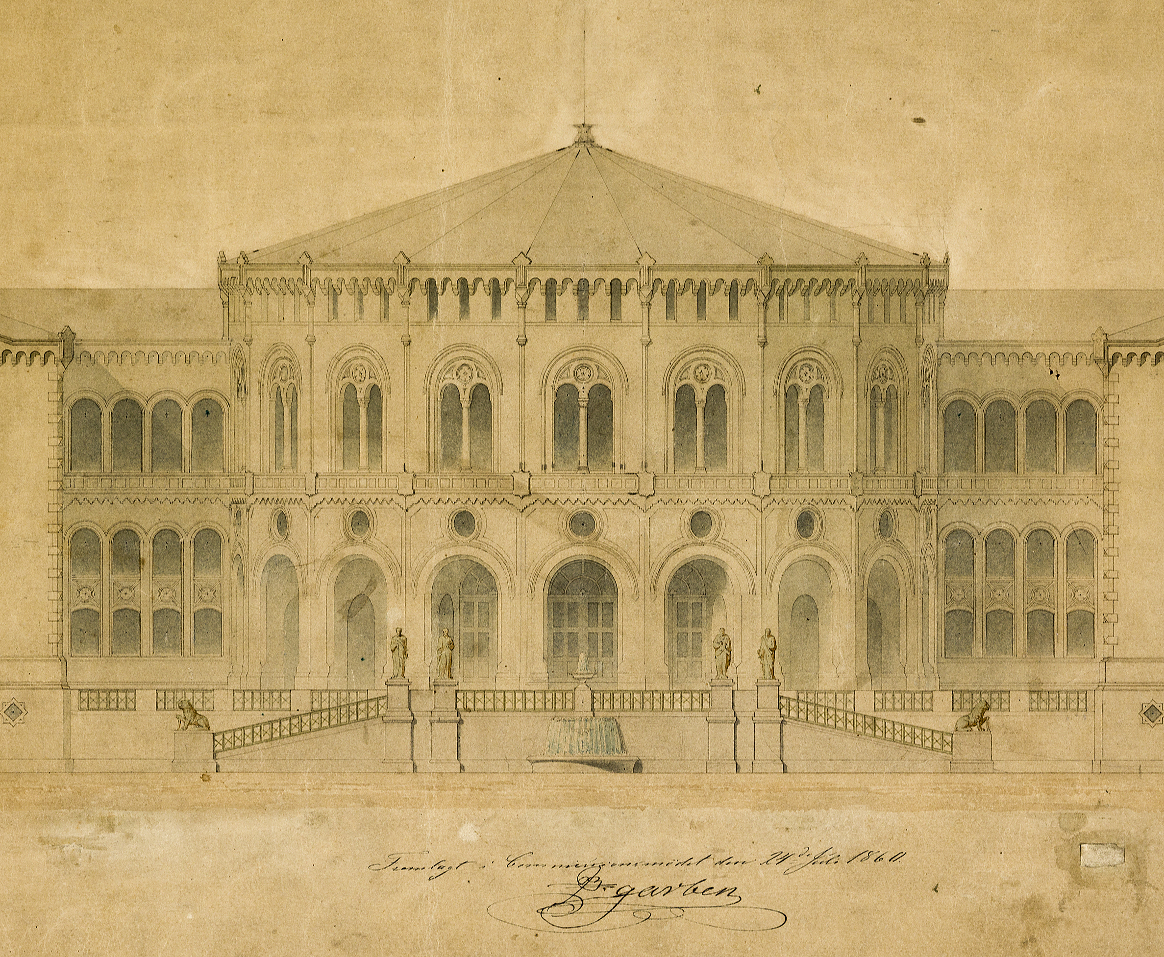 Langlets tegning av stortingsbygningen fra 1860 viser oppreiste løver foran hovedinngangen. Riksantikvaren. Foto: Stortinget/Teigens fotoatelier.