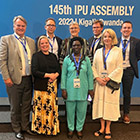 Norges IPU-delegasjon med den rwandiske parlamentarikeren Marie Izabiliza. Fra venstre: Ove Trellevik, Silje Hjemdal, Tellef Inge Mørland, Birgit Oline Kjerstad, Marie Izabiliza, Thomas Fraser (internasjonal avdeling på Stortinget), Lisbeth Stock (internasjonal avdeling på Stortinget) og Even Eriksen. Foto: Stortinget.