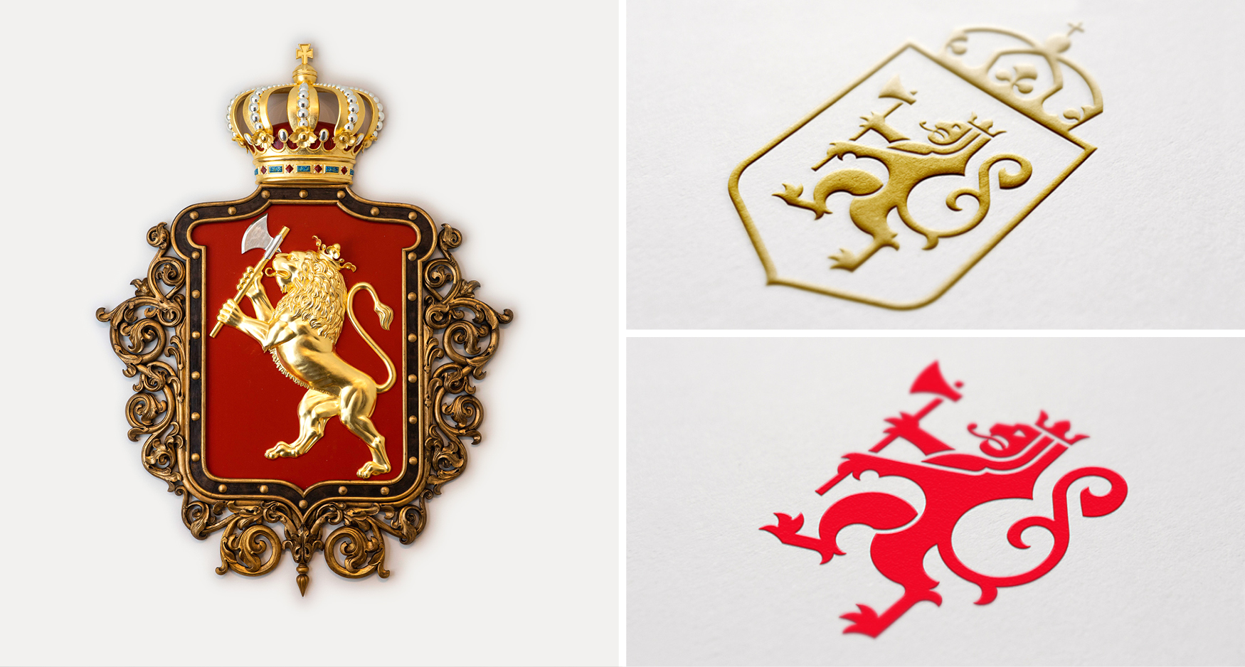 Riksvåpenet, stående løve, i tre varianter. Historisk i gull på skjold, i gull med ramme formet som skjold og i rød.